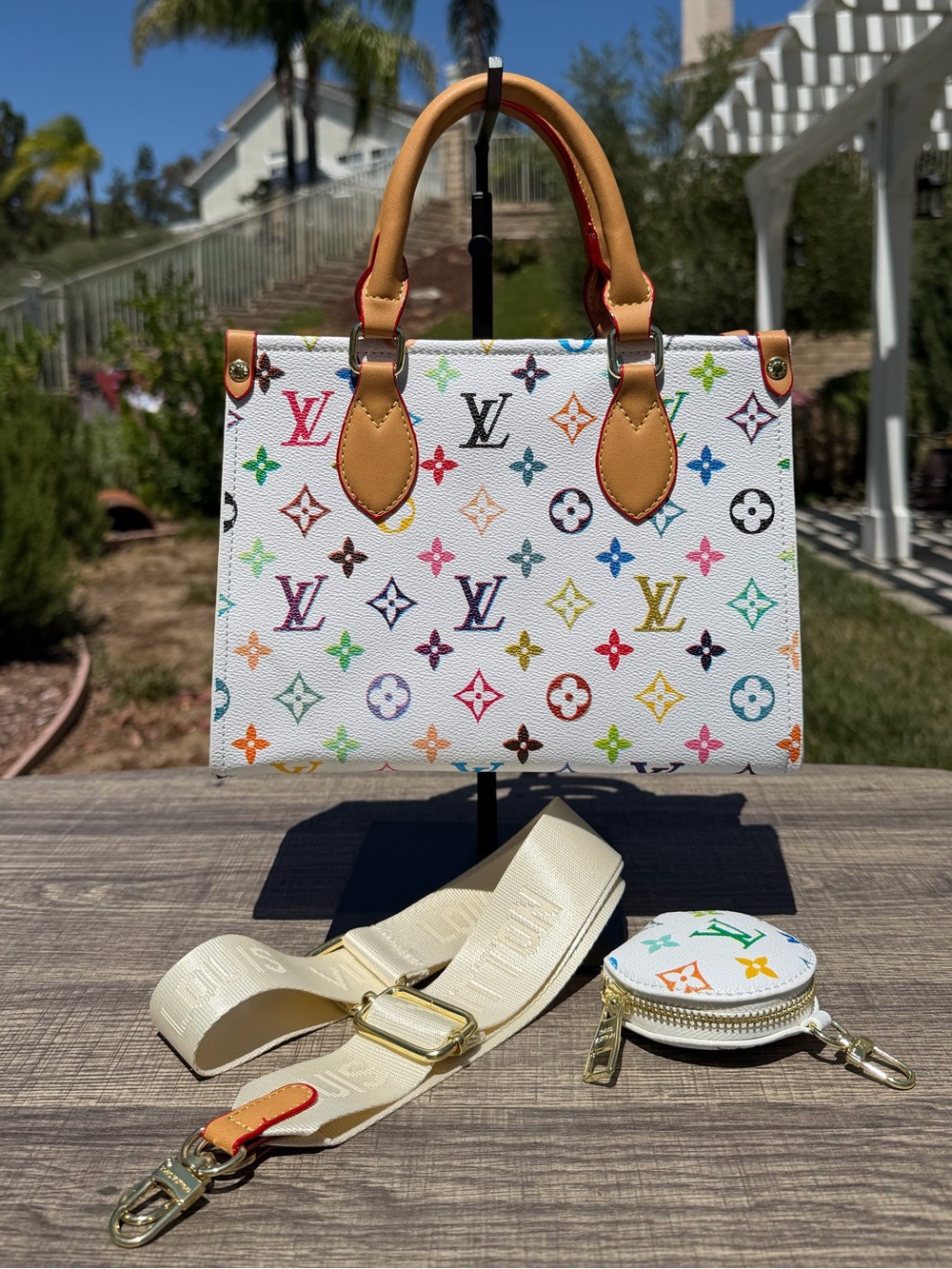 NEW LV Print White Multicolor Rainbow Onthego Monogram Bag & Coin Purse